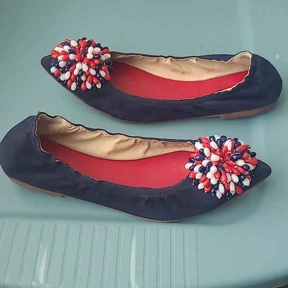 Carolina Herrera Blue Suede Red/White/Red Decorative Bow Flat Shoes Size 38/7.5 - Picture 3 of 8